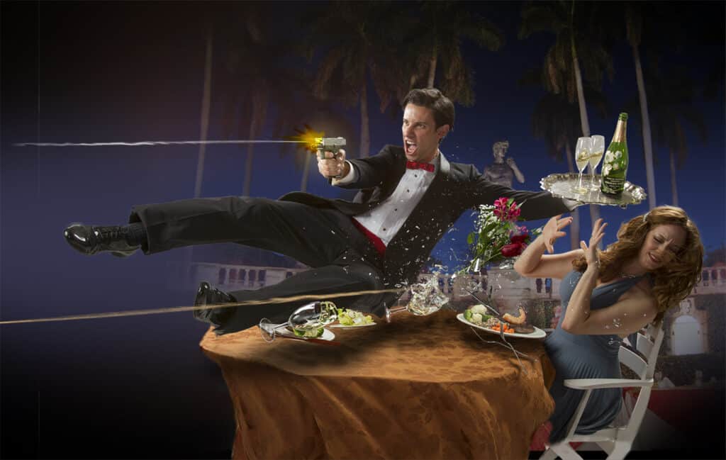A surreal dinner scene with a man floating above a table